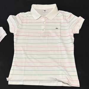 Lacoste White Girls' Polo with Pink, Green & Blue Stripes